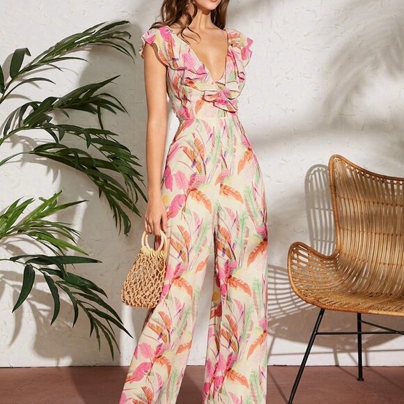 Multicolor Boho Womens Feather Print Ruffle Lace Up Jumpsuit - Picture 3 of 5